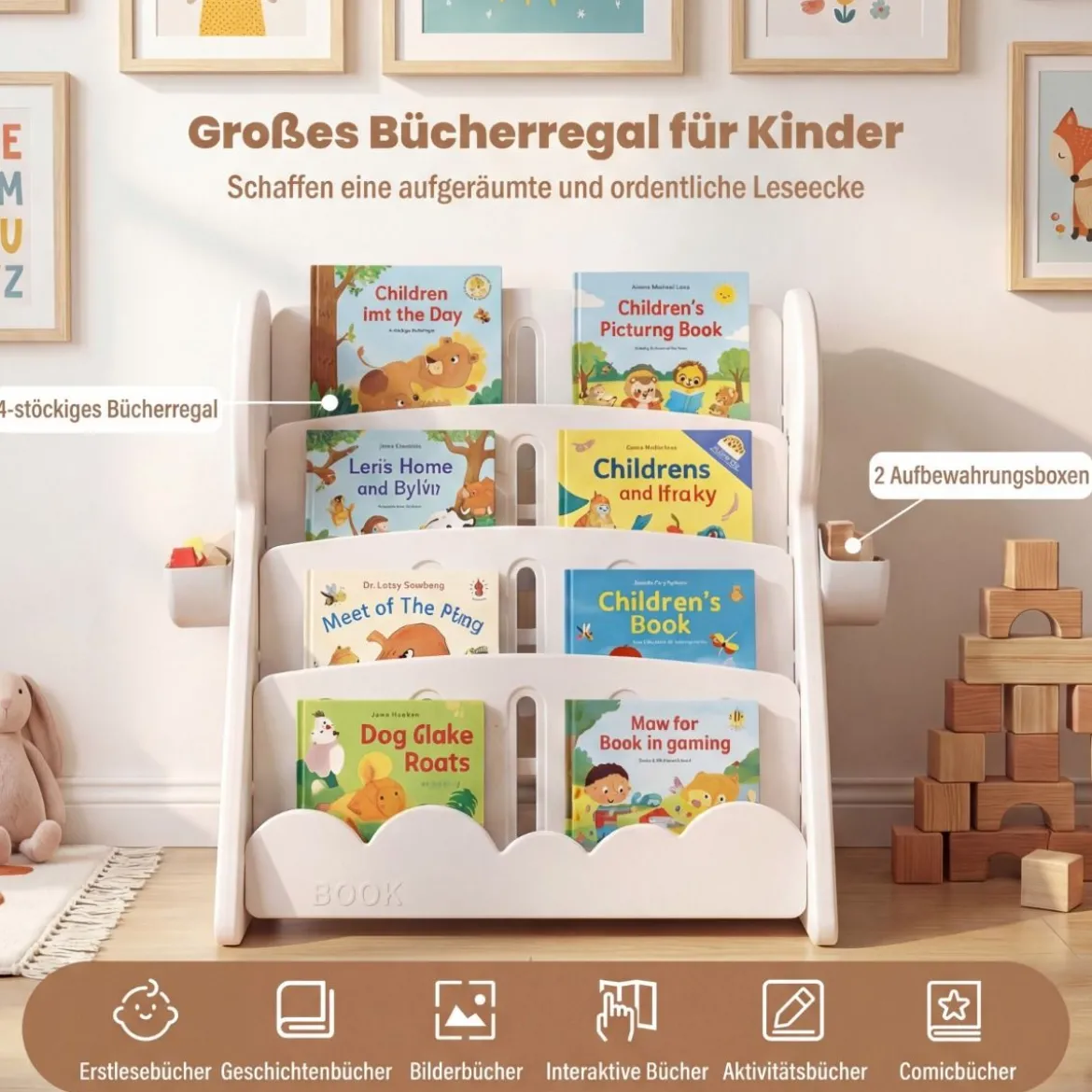 4-stufiges Kinderbücherregal Kinderregal mit 2 Aufbewahrungsboxen & umkehrbarem unterem Regalboden Weiß