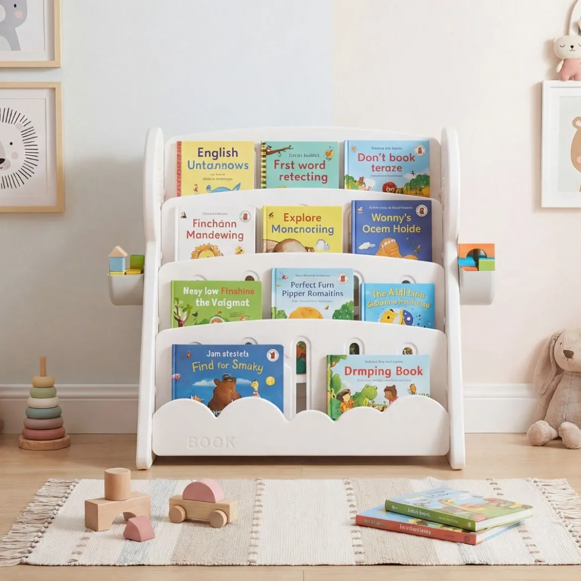 4-stufiges Kinderbücherregal Kinderregal mit 2 Aufbewahrungsboxen & umkehrbarem unterem Regalboden Weiß