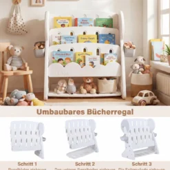 4-stufiges Kinderbücherregal Kinderregal mit 2 Aufbewahrungsboxen & umkehrbarem unterem Regalboden Weiß