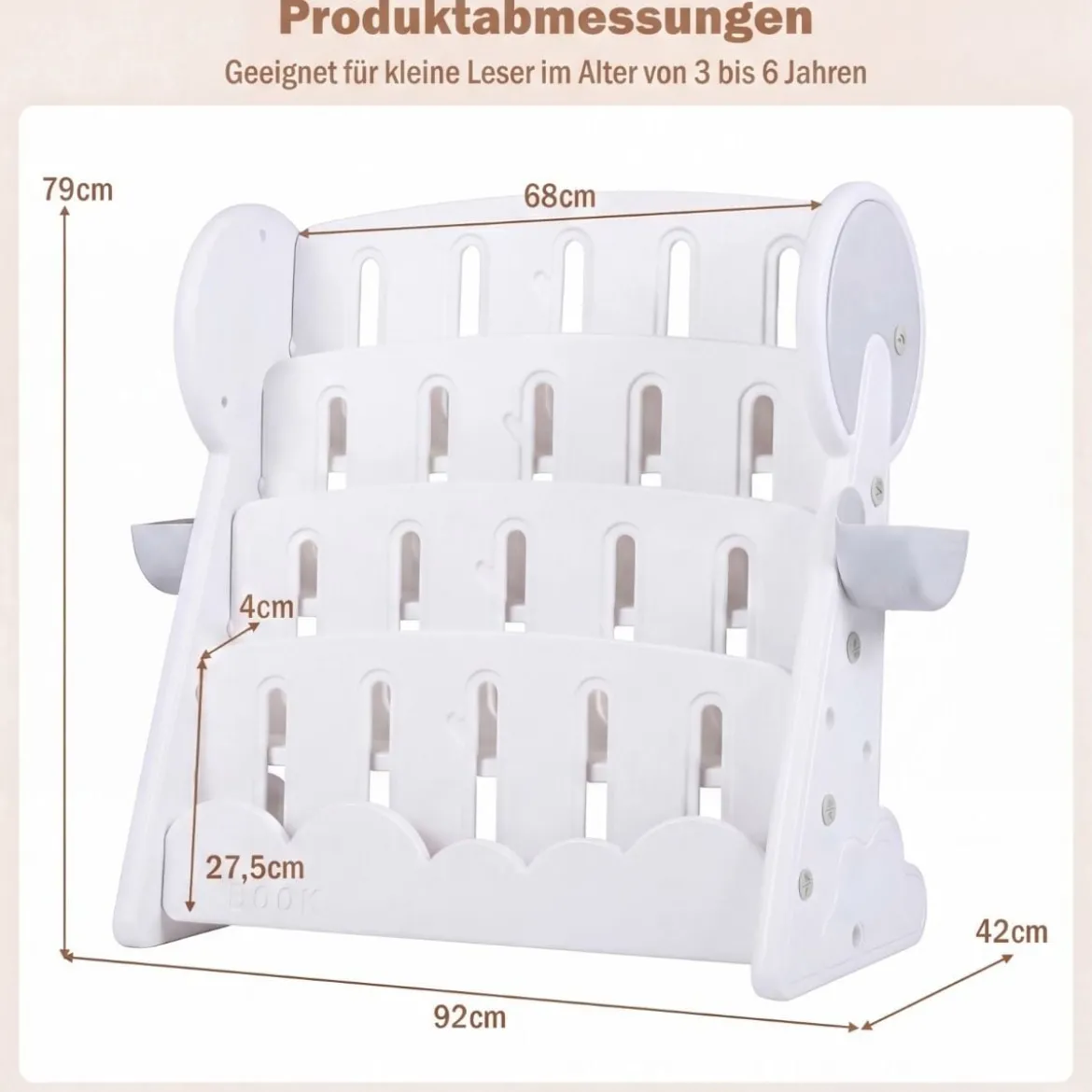4-stufiges Kinderbücherregal Kinderregal mit 2 Aufbewahrungsboxen & umkehrbarem unterem Regalboden Weiß