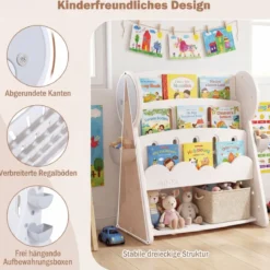 4-stufiges Kinderbücherregal Kinderregal mit 2 Aufbewahrungsboxen & umkehrbarem unterem Regalboden Weiß