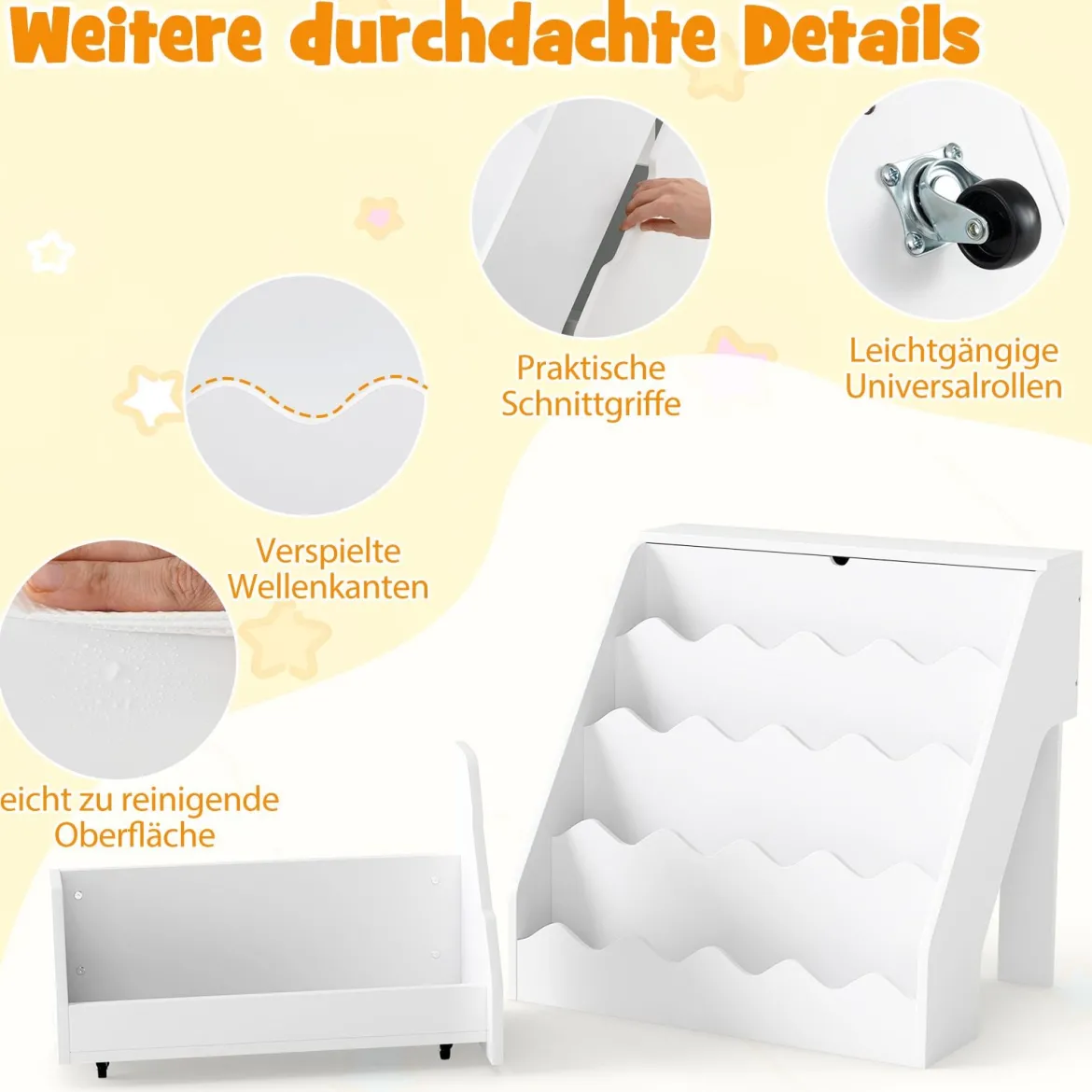 4 Stufiges Kinder Bücherregal mit Aufklappbaren Fach & Schublade auf Rollen Kinderregal Weiß