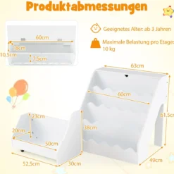 4 Stufiges Kinder Bücherregal mit Aufklappbaren Fach & Schublade auf Rollen Kinderregal Weiß