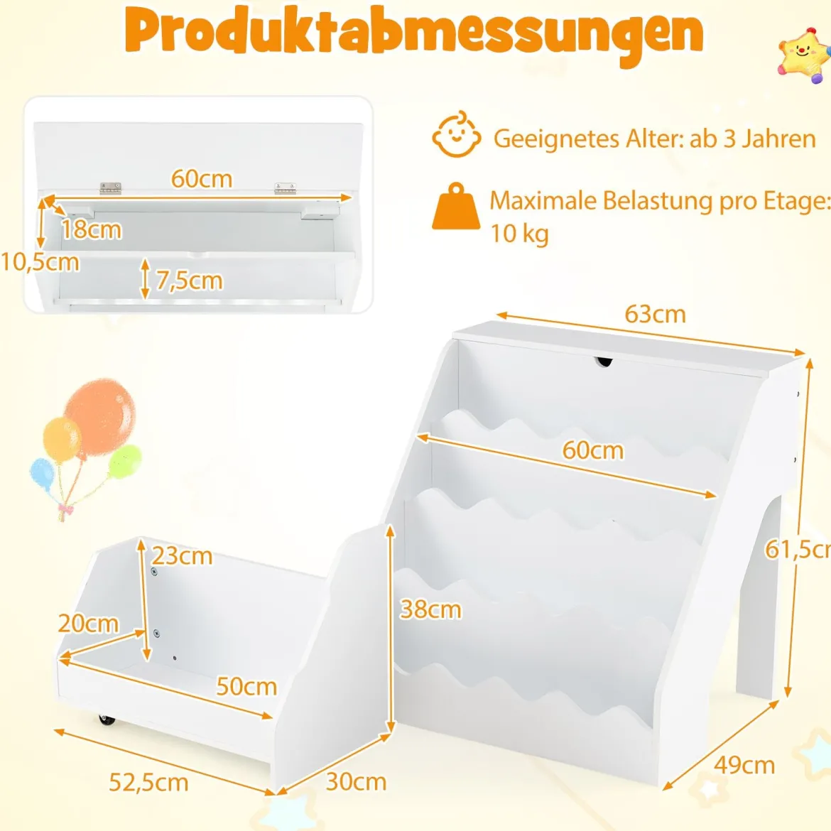 4 Stufiges Kinder Bücherregal mit Aufklappbaren Fach & Schublade auf Rollen Kinderregal Weiß