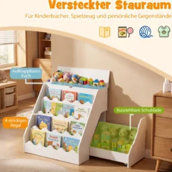 4 Stufiges Kinder Bücherregal mit Aufklappbaren Fach & Schublade auf Rollen Kinderregal Weiß