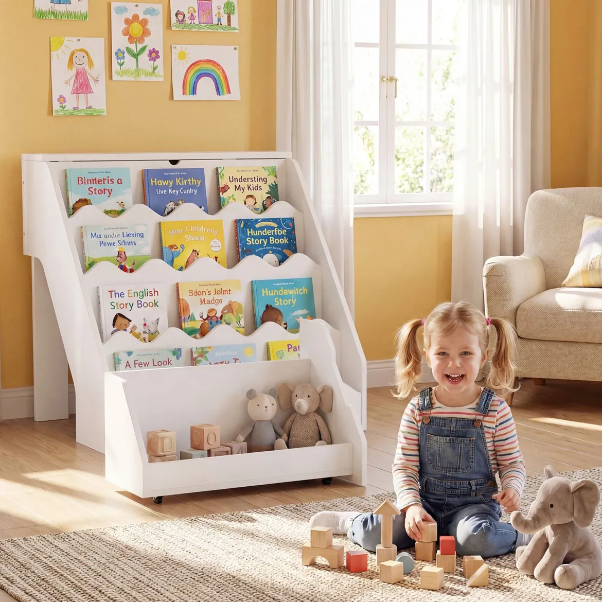 4 Stufiges Kinder Bücherregal mit Aufklappbaren Fach & Schublade auf Rollen Kinderregal Weiß