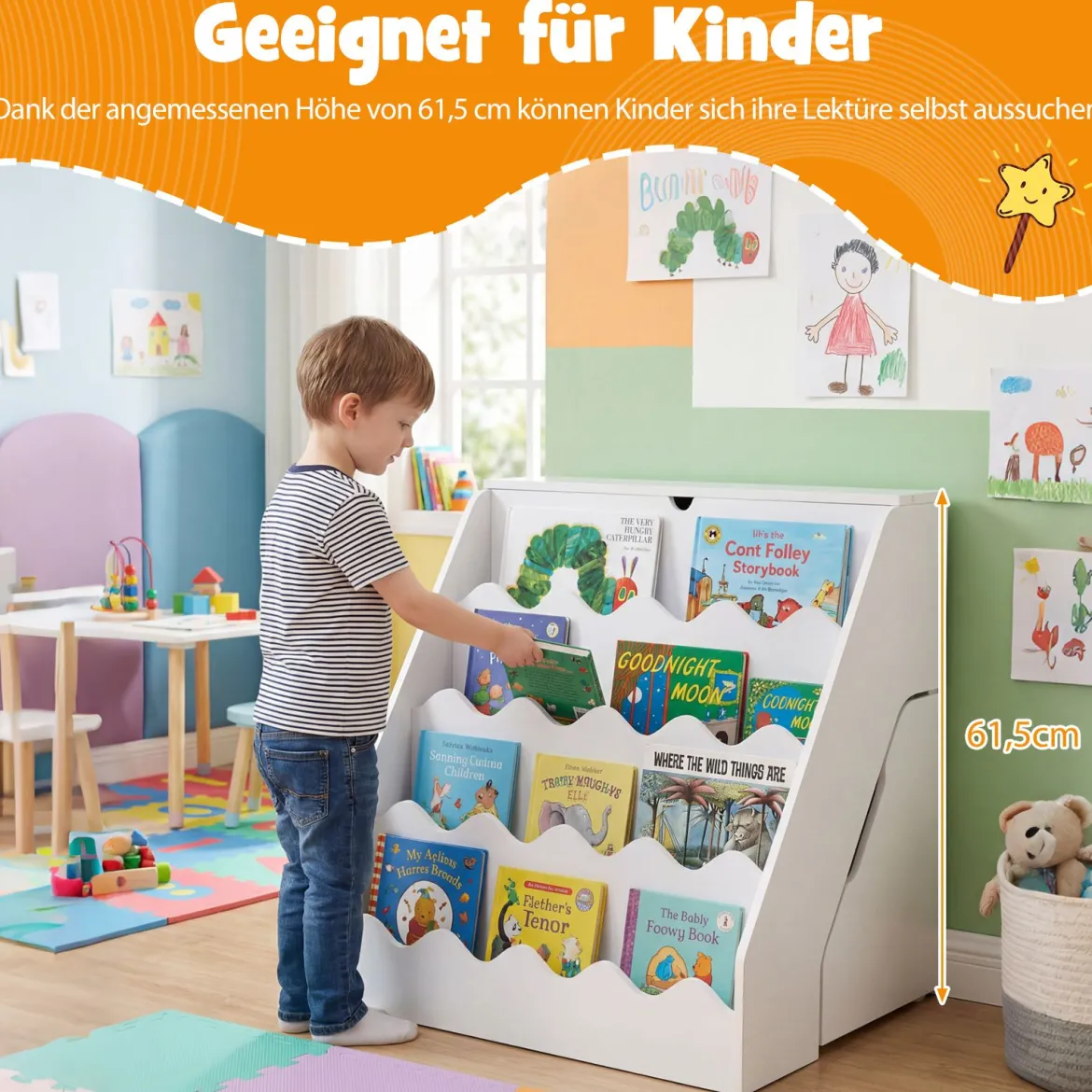 4 Stufiges Kinder Bücherregal mit Aufklappbaren Fach & Schublade auf Rollen Kinderregal Weiß