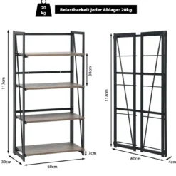 4-stufiges klappbares Bücherregal mit Metallrahmen industrielles wandmontiertes Bücherregal Rustikales Braun