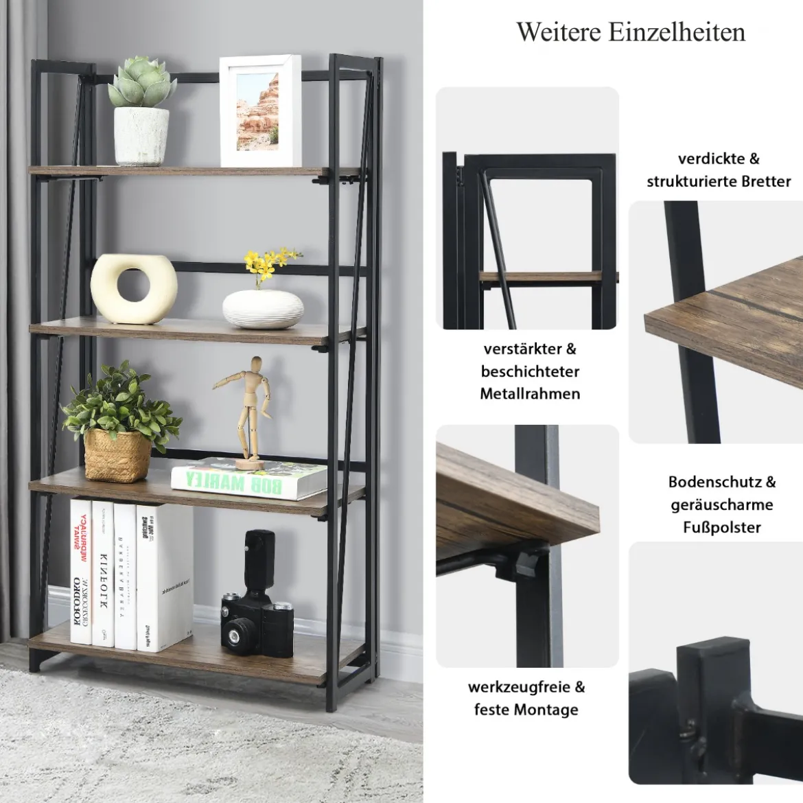 4-stufiges klappbares Bücherregal mit Metallrahmen industrielles wandmontiertes Bücherregal Rustikales Braun