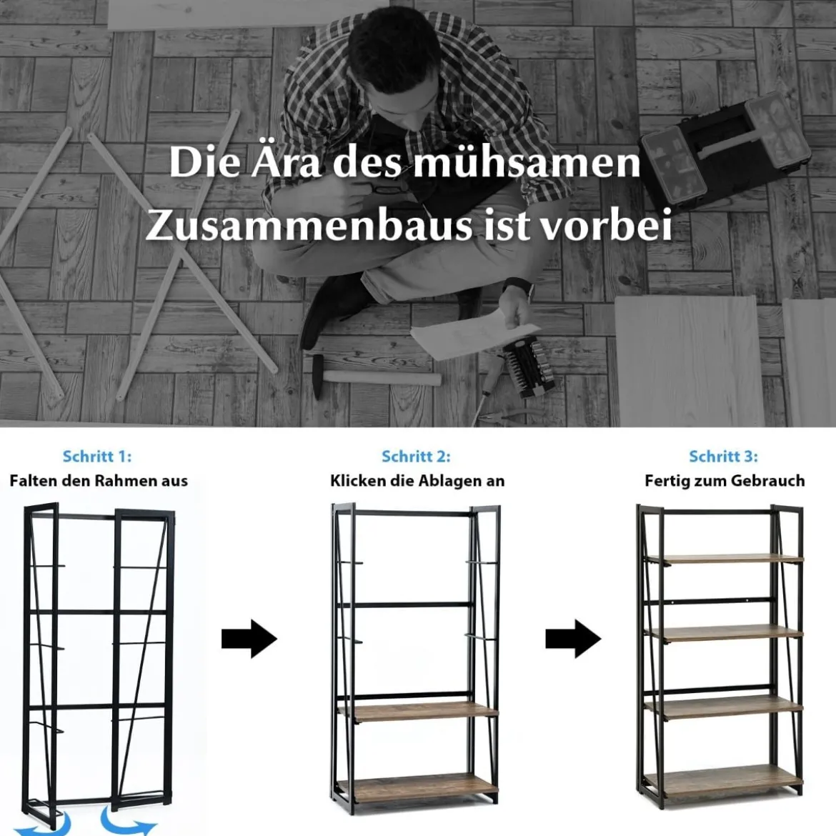 4-stufiges klappbares Bücherregal mit Metallrahmen industrielles wandmontiertes Bücherregal Rustikales Braun