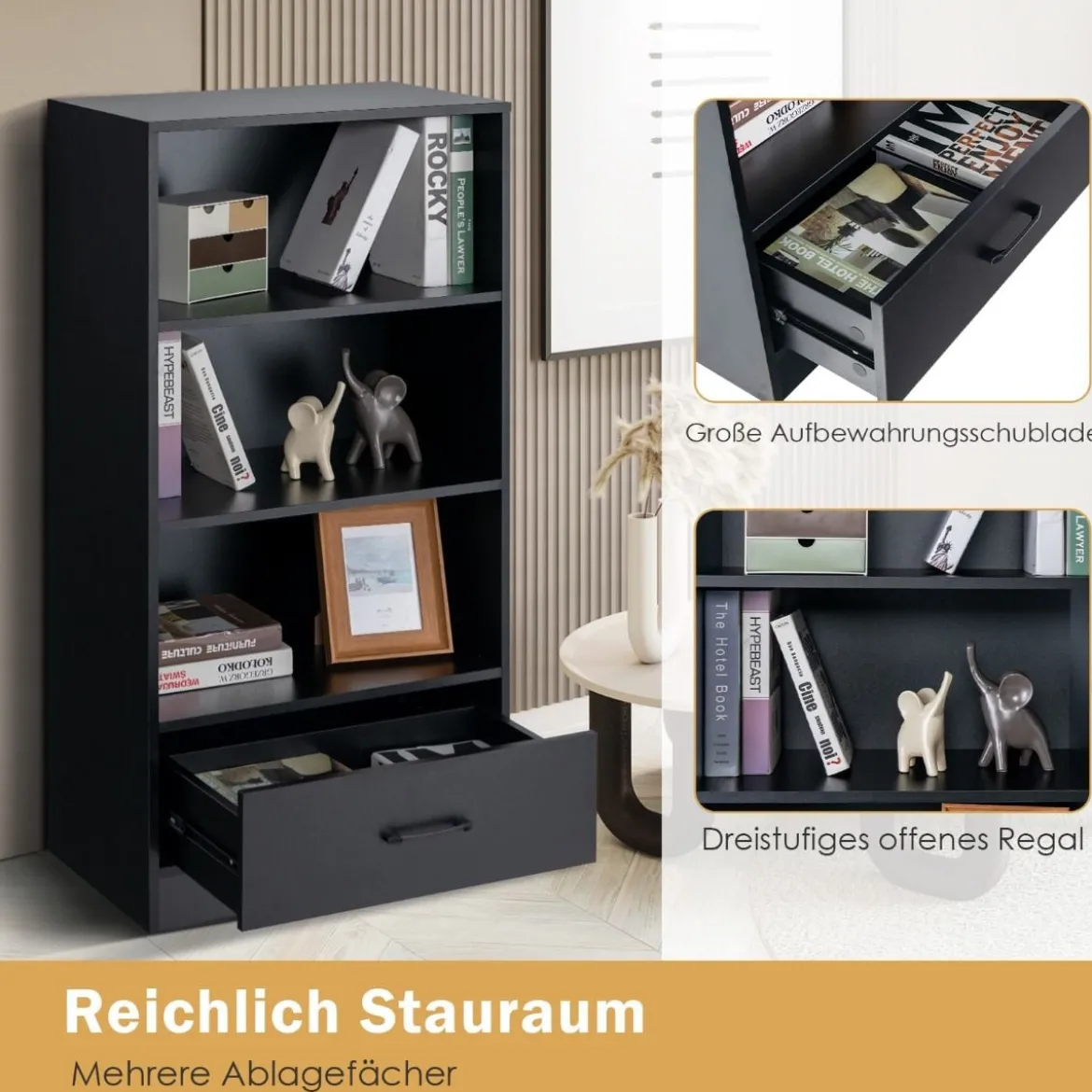 4-Stufiges Lagerregal Holzregal mit Schublade Bücherregal 60 x 38 x 120 cm Schwarz