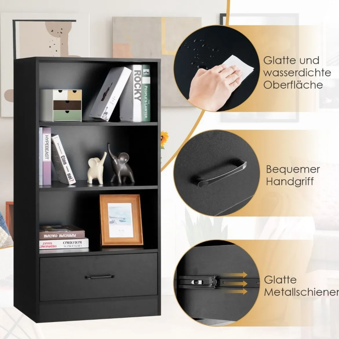 4-Stufiges Lagerregal Holzregal mit Schublade Bücherregal 60 x 38 x 120 cm Schwarz