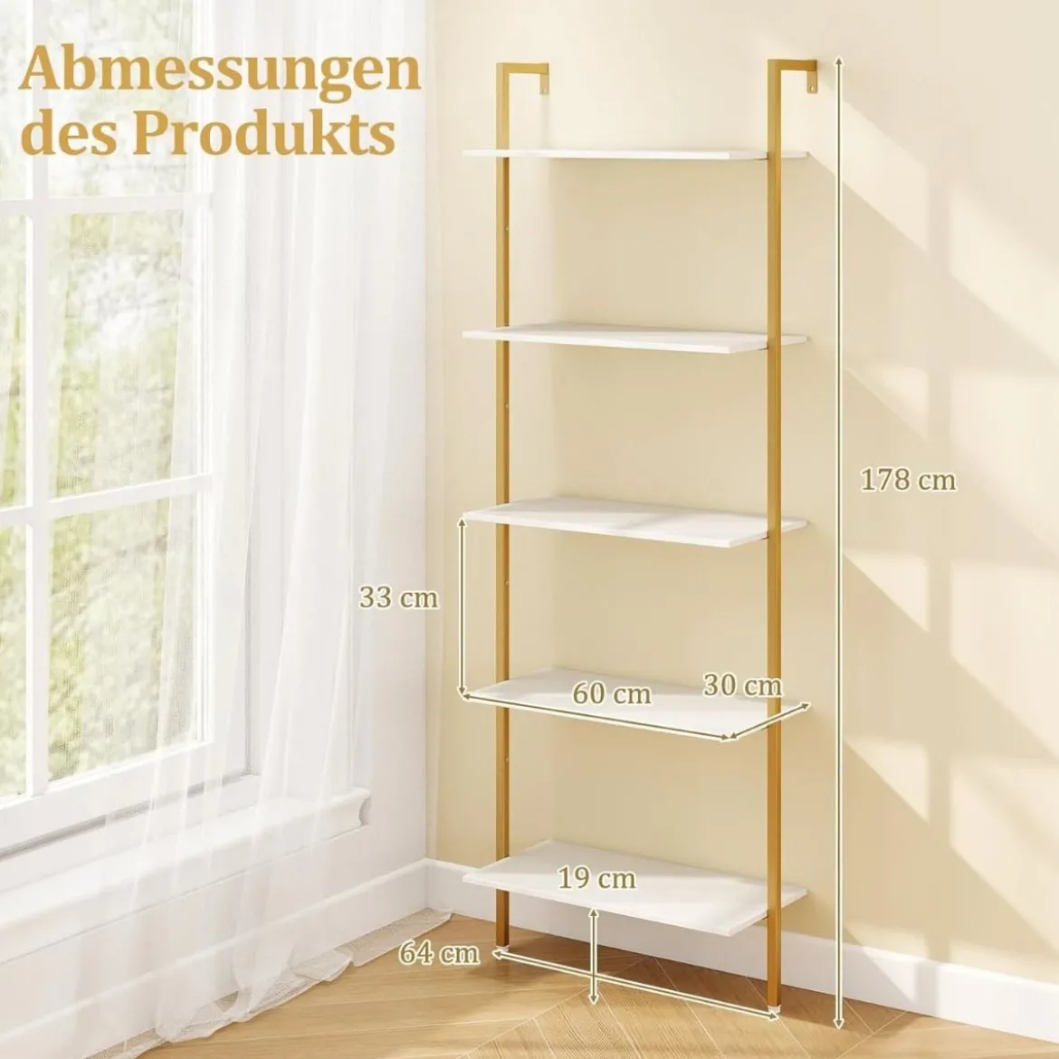 5-stufiges Leiterregal mit Metallrahmen & Verstellbaren Fußpolstern Wandmontiertes Bücherregal