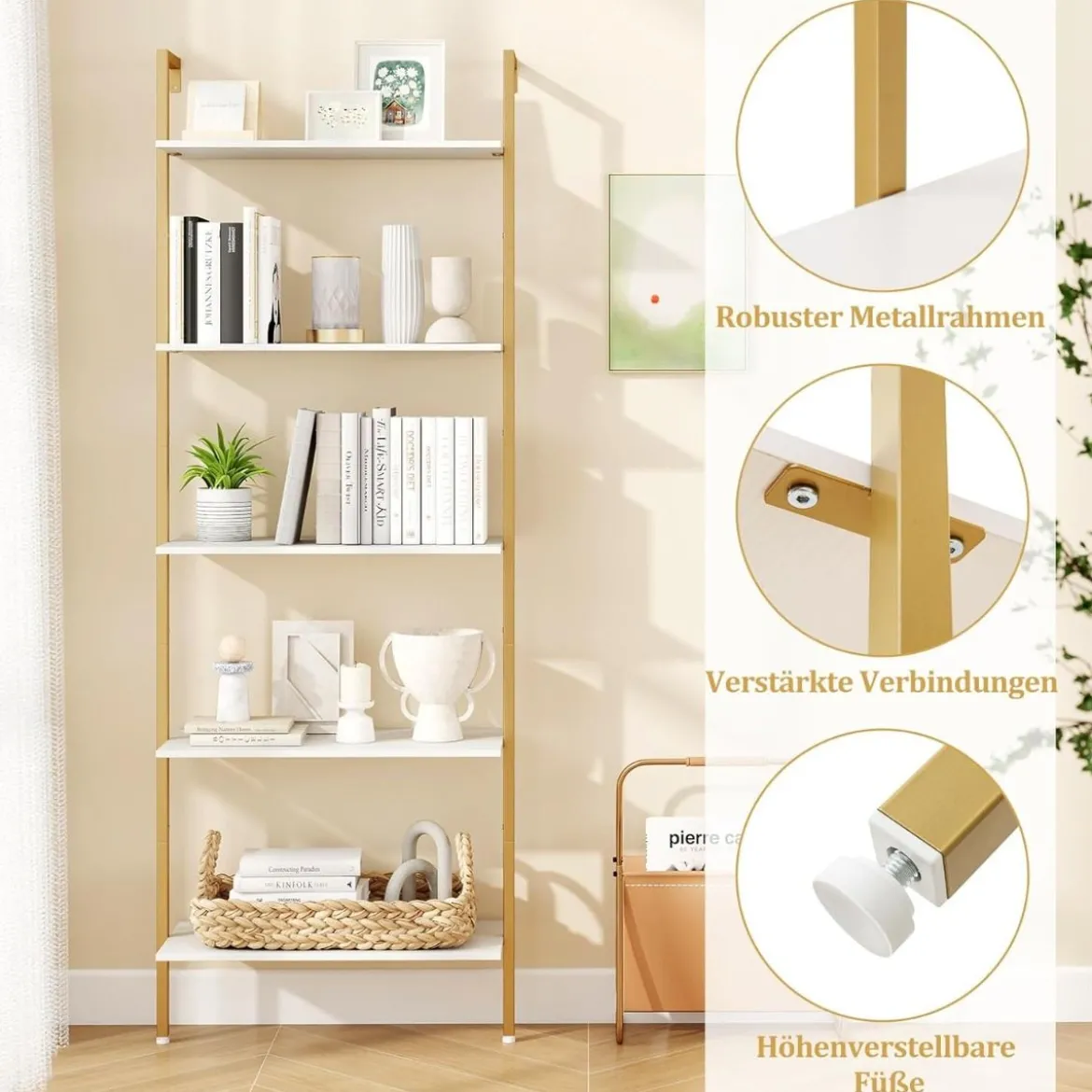 5-stufiges Leiterregal mit Metallrahmen & Verstellbaren Fußpolstern Wandmontiertes Bücherregal