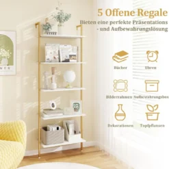 5-stufiges Leiterregal mit Metallrahmen & Verstellbaren Fußpolstern Wandmontiertes Bücherregal
