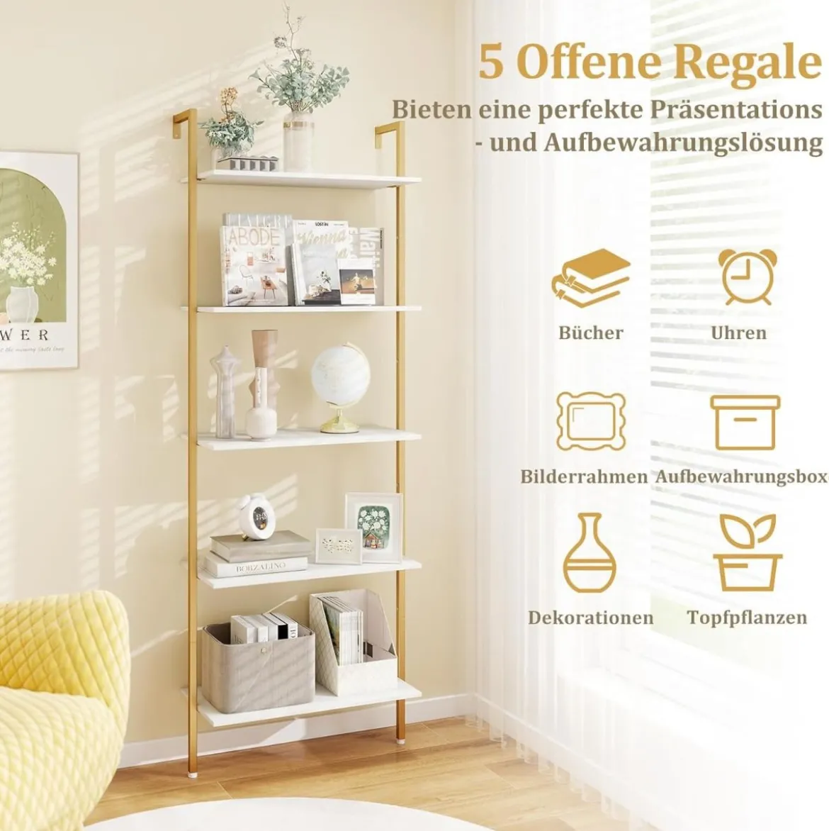 5-stufiges Leiterregal mit Metallrahmen & Verstellbaren Fußpolstern Wandmontiertes Bücherregal