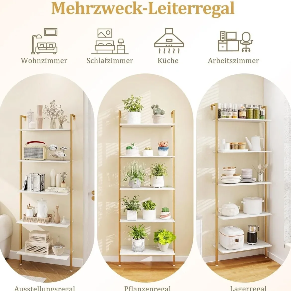 5-stufiges Leiterregal mit Metallrahmen & Verstellbaren Fußpolstern Wandmontiertes Bücherregal