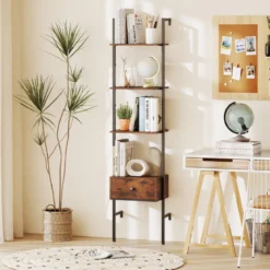 5-stufiges Leiterregal mit Schublade & Metallrahmen Wandmontiertes Bücherregal Braun