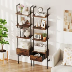 5-stufiges Leiterregal mit Schublade & Metallrahmen Wandmontiertes Bücherregal Braun