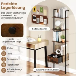 5-stufiges Leiterregal mit Schublade & Metallrahmen Wandmontiertes Bücherregal Braun