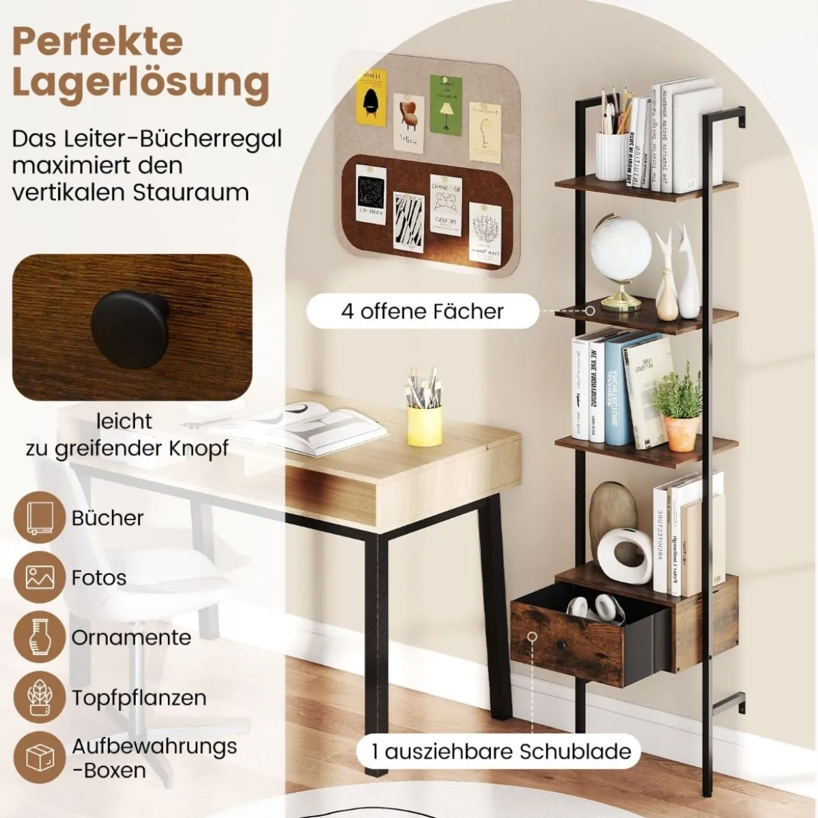 5-stufiges Leiterregal mit Schublade & Metallrahmen Wandmontiertes Bücherregal Braun
