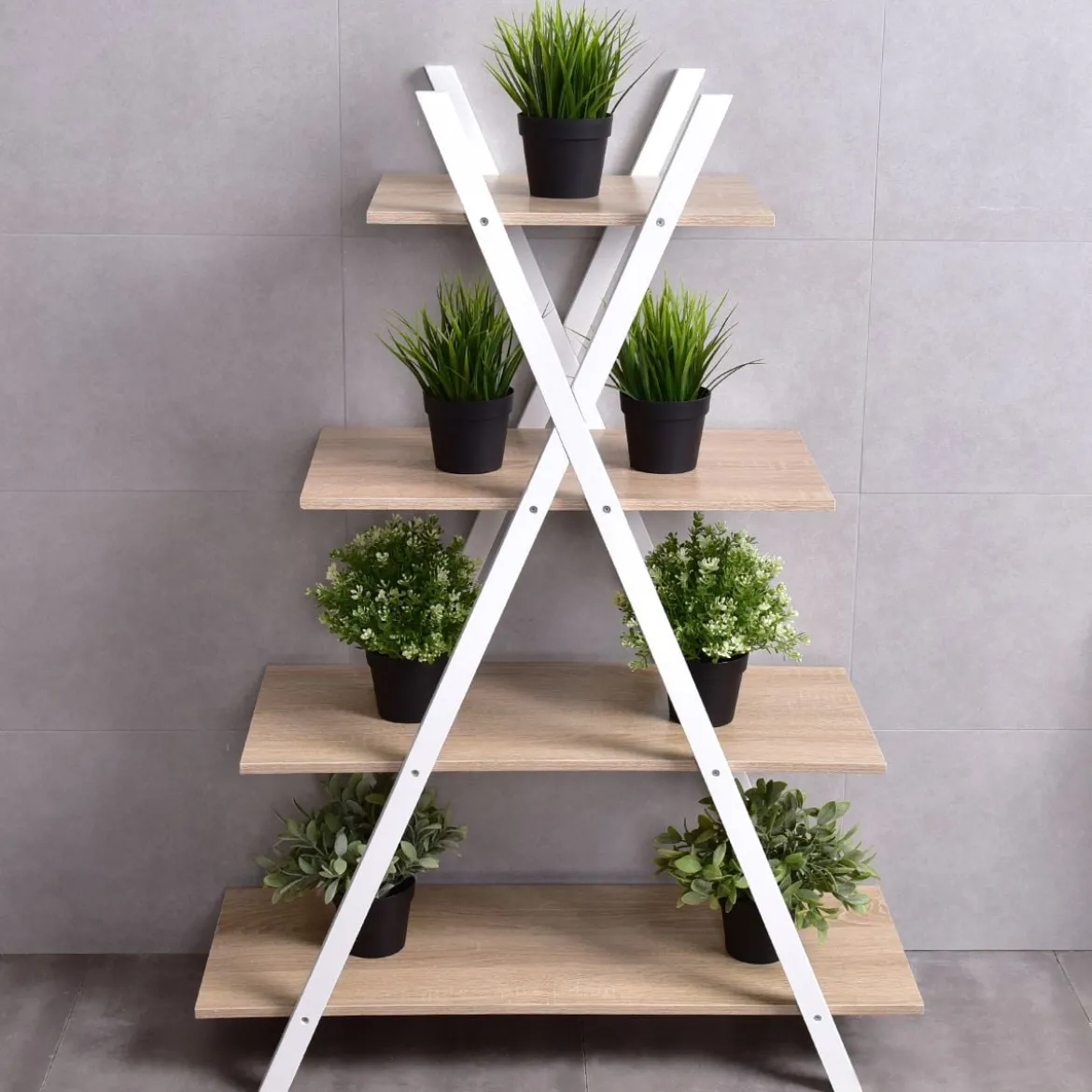 4-stufiges Leiterregal X-förmiges Bücherregal EckregalVerkaufsregal Natur 80 x 34 x 108 cm