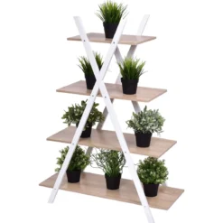 4-stufiges Leiterregal X-förmiges Bücherregal EckregalVerkaufsregal Natur 80 x 34 x 108 cm