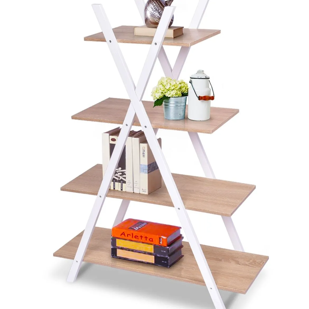 4-stufiges Leiterregal X-förmiges Bücherregal EckregalVerkaufsregal Natur 80 x 34 x 108 cm