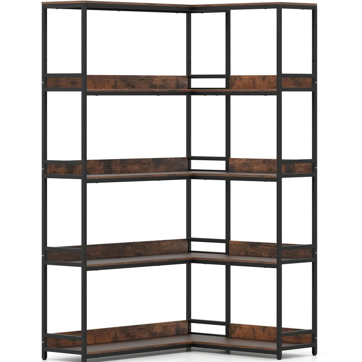 5-stufiges L-förmiges Bücherregal Eckbücherregal Industrielles offenes Lagerregal Rustikal Braun