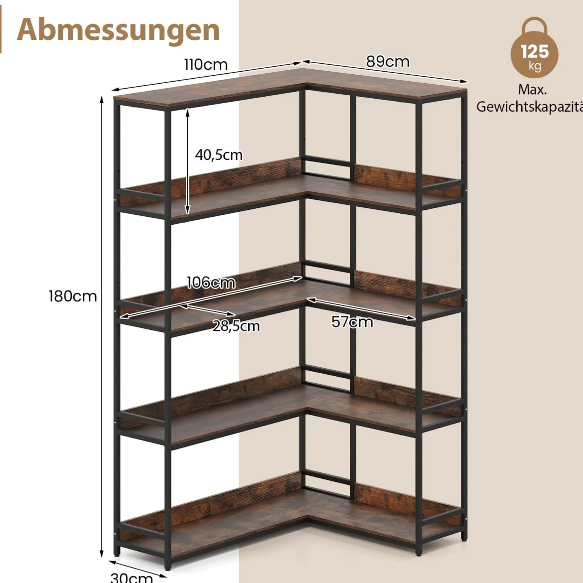 5-stufiges L-förmiges Bücherregal Eckbücherregal Industrielles offenes Lagerregal Rustikal Braun