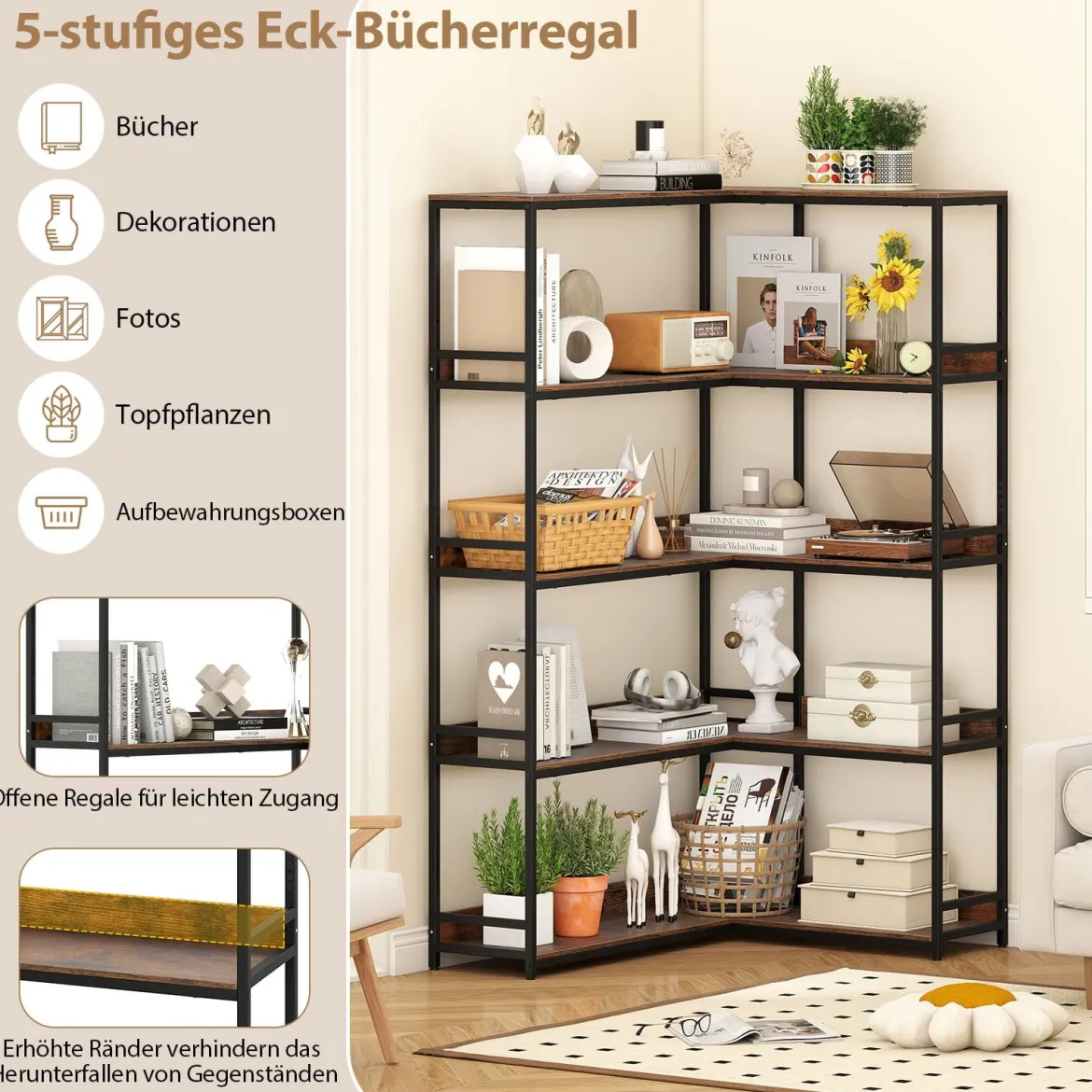 5-stufiges L-förmiges Bücherregal Eckbücherregal Industrielles offenes Lagerregal Rustikal Braun