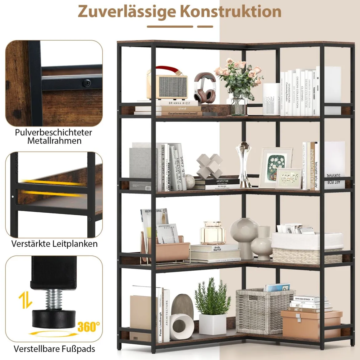 5-stufiges L-förmiges Bücherregal Eckbücherregal Industrielles offenes Lagerregal Rustikal Braun
