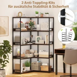 5-stufiges L-förmiges Bücherregal Eckbücherregal Industrielles offenes Lagerregal Rustikal Braun