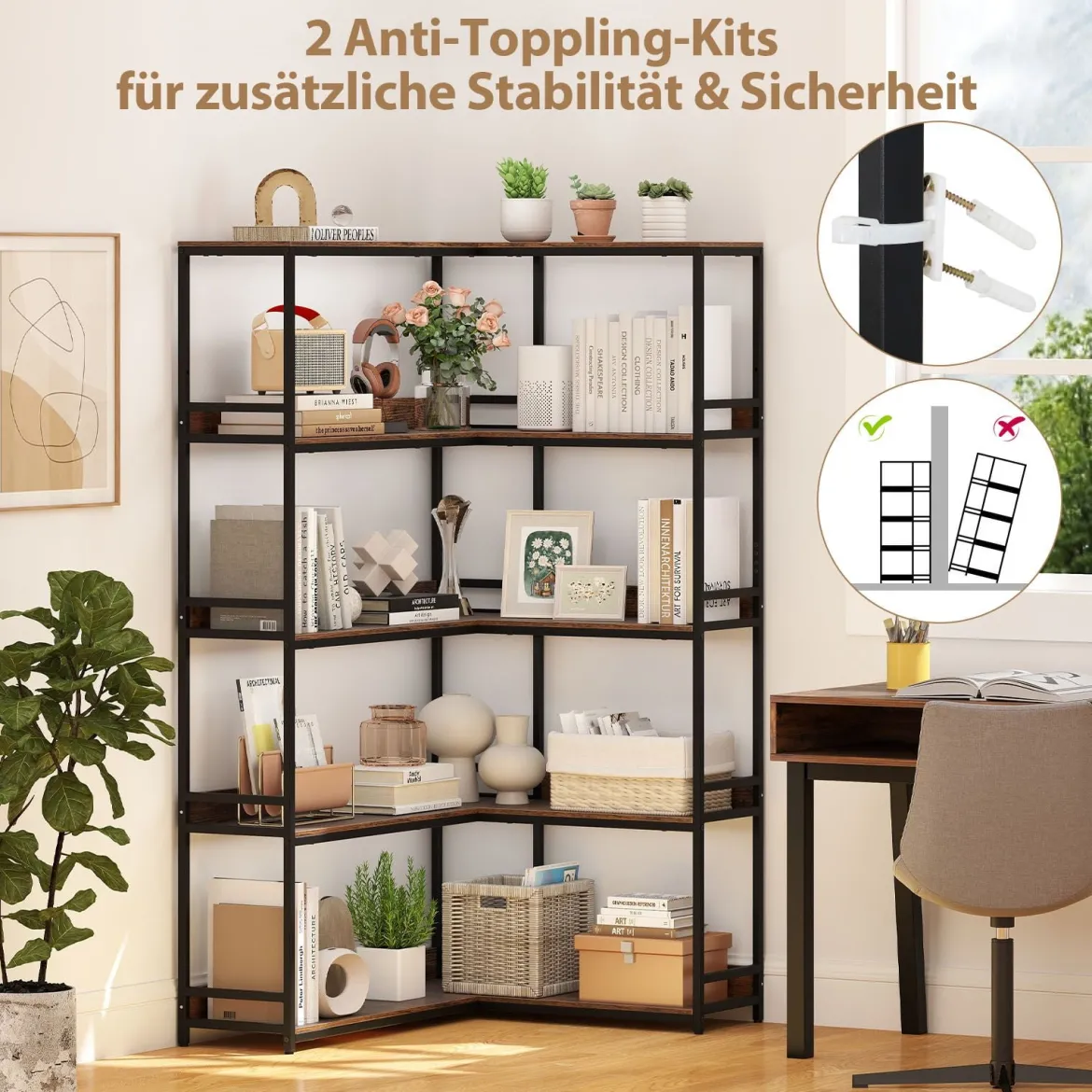 5-stufiges L-förmiges Bücherregal Eckbücherregal Industrielles offenes Lagerregal Rustikal Braun