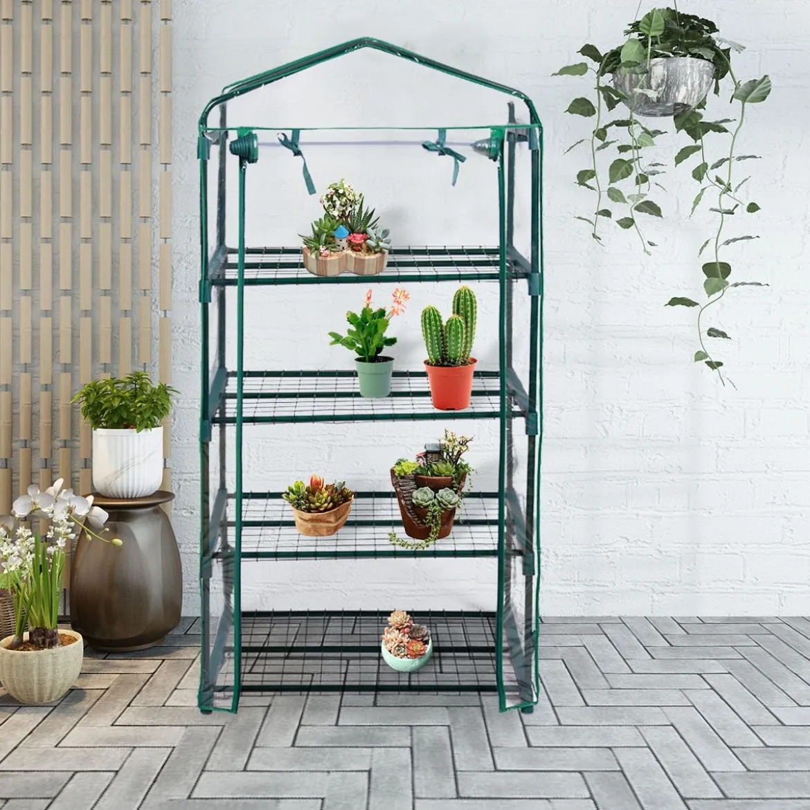 4 stufiges Mini-Gewächshaus Outdoor Gewächshaus mit 4 Regalen & PVC Abdeckung & Reißverschlusstür Grün