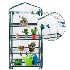 4 stufiges Mini-Gewächshaus Outdoor Gewächshaus mit 4 Regalen & PVC Abdeckung & Reißverschlusstür Grün