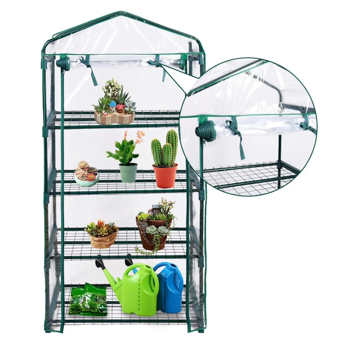 4 stufiges Mini-Gewächshaus Outdoor Gewächshaus mit 4 Regalen & PVC Abdeckung & Reißverschlusstür Grün