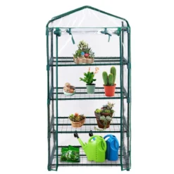 4 stufiges Mini-Gewächshaus Outdoor Gewächshaus mit 4 Regalen & PVC Abdeckung & Reißverschlusstür Grün