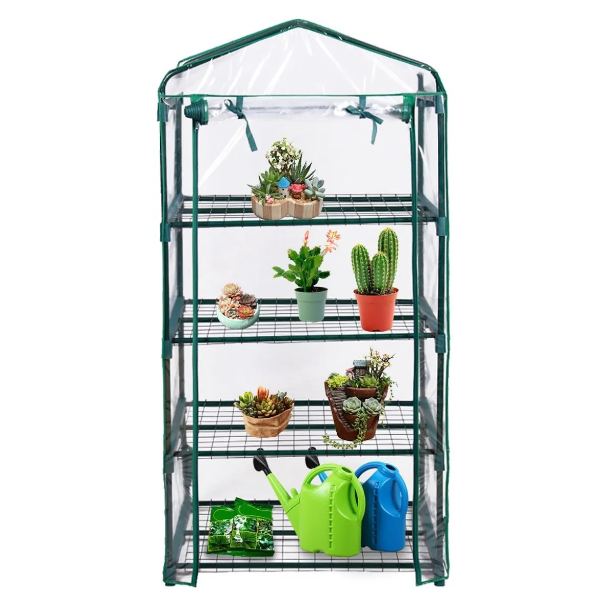 4 stufiges Mini-Gewächshaus Outdoor Gewächshaus mit 4 Regalen & PVC Abdeckung & Reißverschlusstür Grün