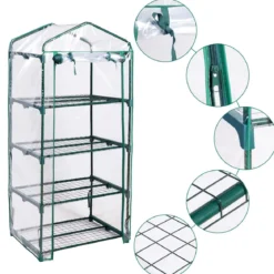 4 stufiges Mini-Gewächshaus Outdoor Gewächshaus mit 4 Regalen & PVC Abdeckung & Reißverschlusstür Grün