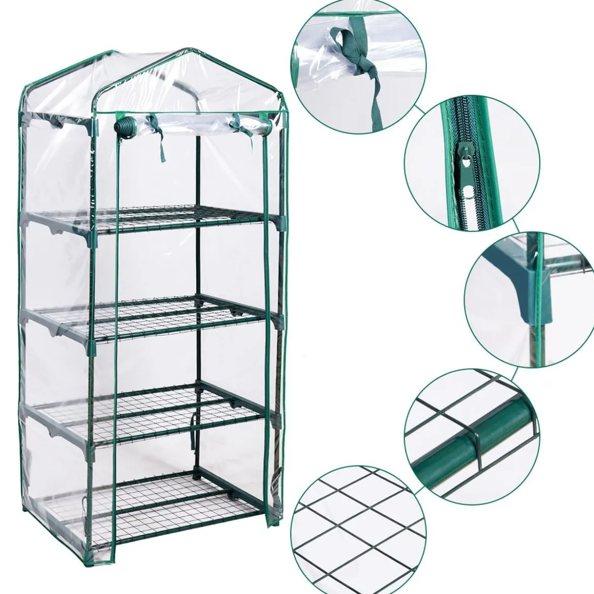 4 stufiges Mini-Gewächshaus Outdoor Gewächshaus mit 4 Regalen & PVC Abdeckung & Reißverschlusstür Grün