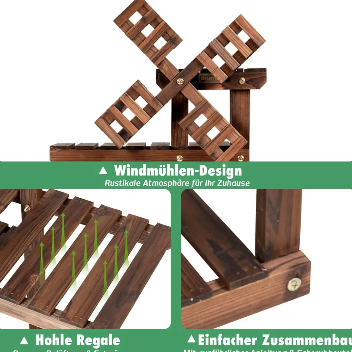 5-stufiges Pflanzenregal Blumenregal mit Windmühle aus Holz 60 x 25 x 97 cm Braun