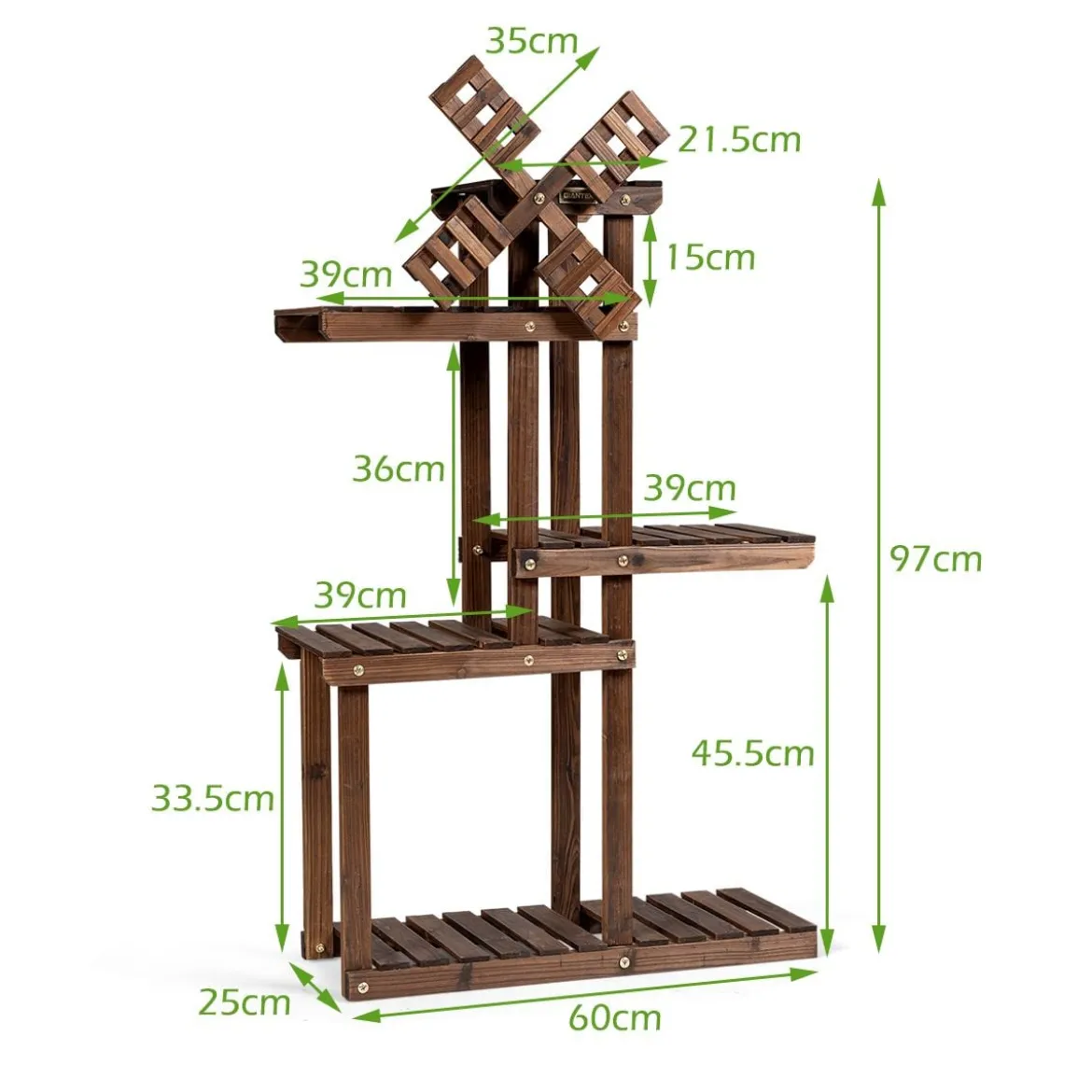 5-stufiges Pflanzenregal Blumenregal mit Windmühle aus Holz 60 x 25 x 97 cm Braun