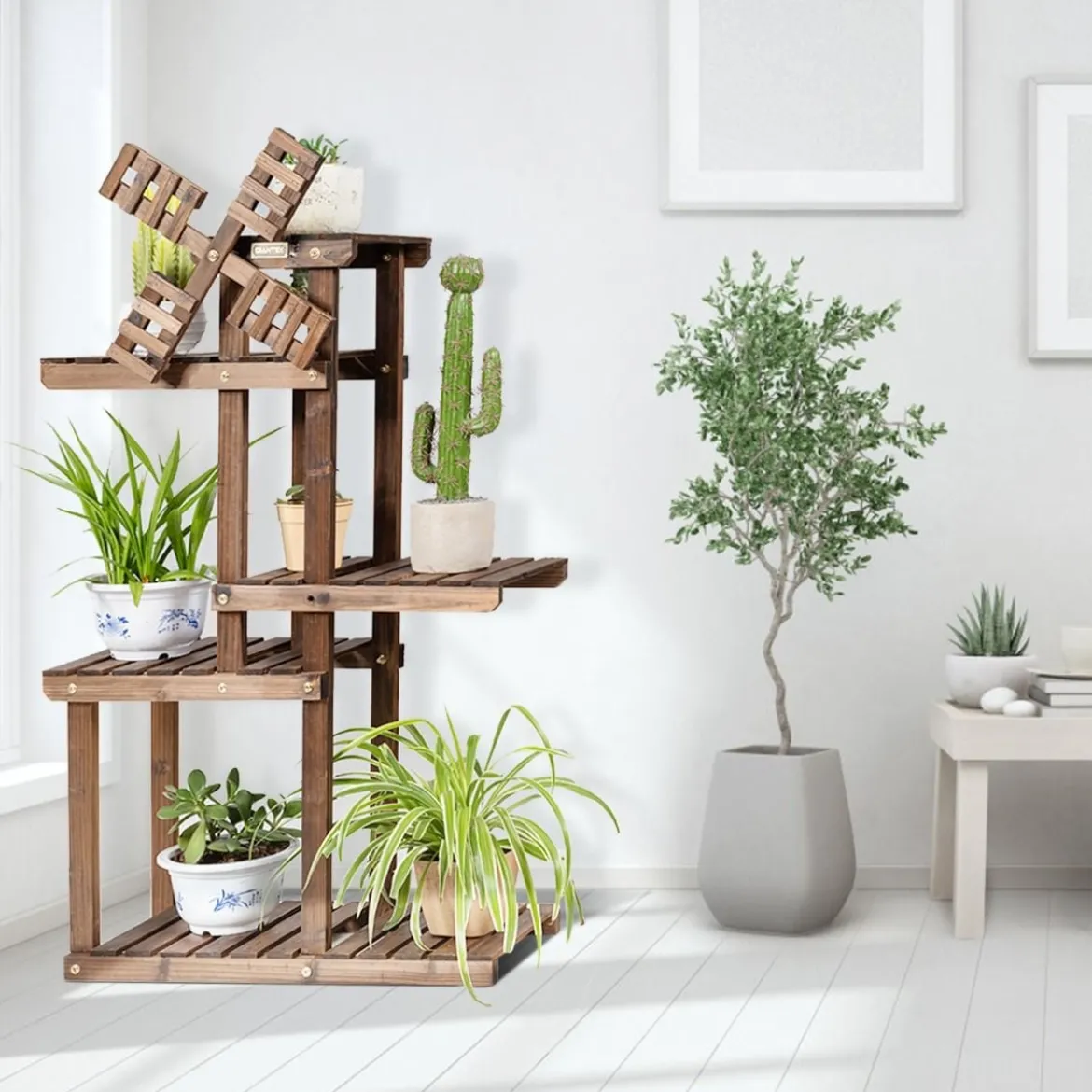 5-stufiges Pflanzenregal Blumenregal mit Windmühle aus Holz 60 x 25 x 97 cm Braun