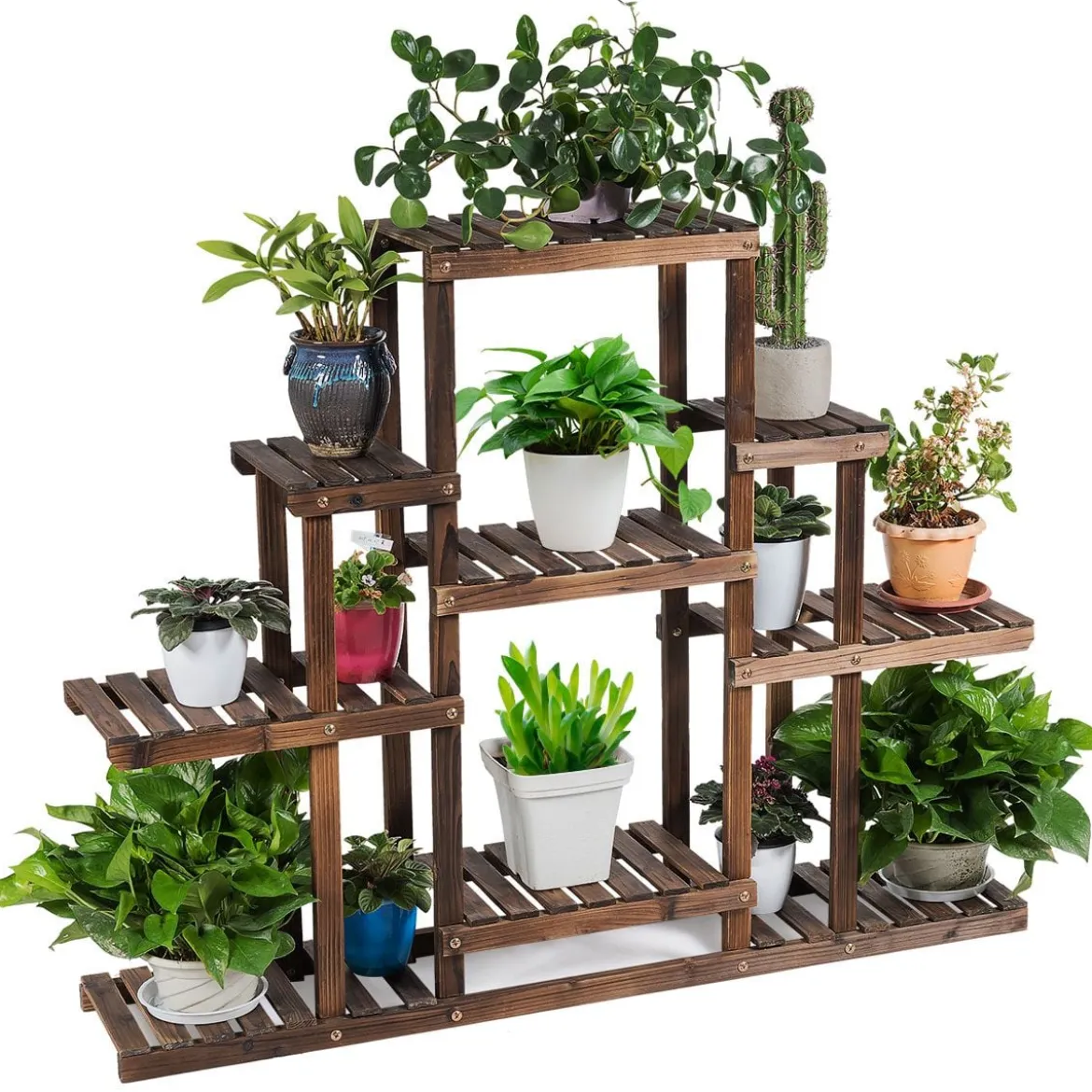 6-stufiges Pflanzenregal freistehender rustikaler Pflanzenständer aus Holz braun 120 x 25 x 96 cm