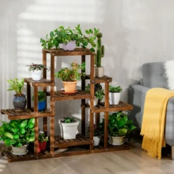 6-stufiges Pflanzenregal freistehender rustikaler Pflanzenständer aus Holz braun 120 x 25 x 96 cm