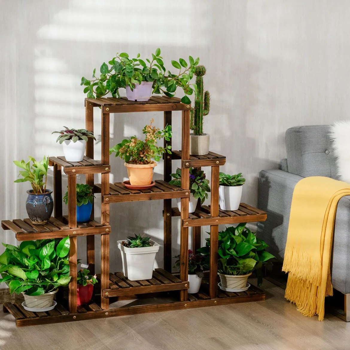 6-stufiges Pflanzenregal freistehender rustikaler Pflanzenständer aus Holz braun 120 x 25 x 96 cm