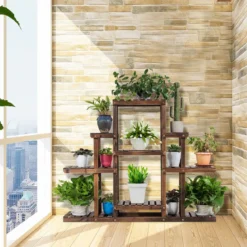 6-stufiges Pflanzenregal freistehender rustikaler Pflanzenständer aus Holz braun 120 x 25 x 96 cm