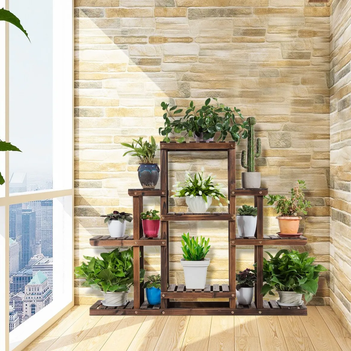 6-stufiges Pflanzenregal freistehender rustikaler Pflanzenständer aus Holz braun 120 x 25 x 96 cm