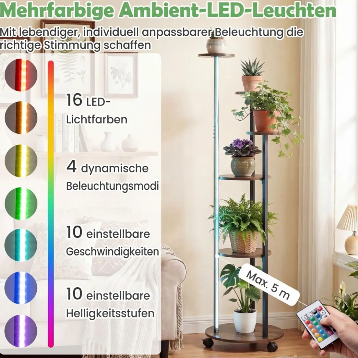 6-stufiges Pflanzenständer mit LED-Beleuchtung & Rollen Blumenständer Pflanzenregal Rustikal Braun